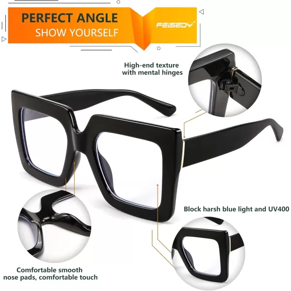 FEISEDY Fashion Oversized Blue Light Glasses for Women Anti Fatigue Thick Square Computer Eyewear B2381Black