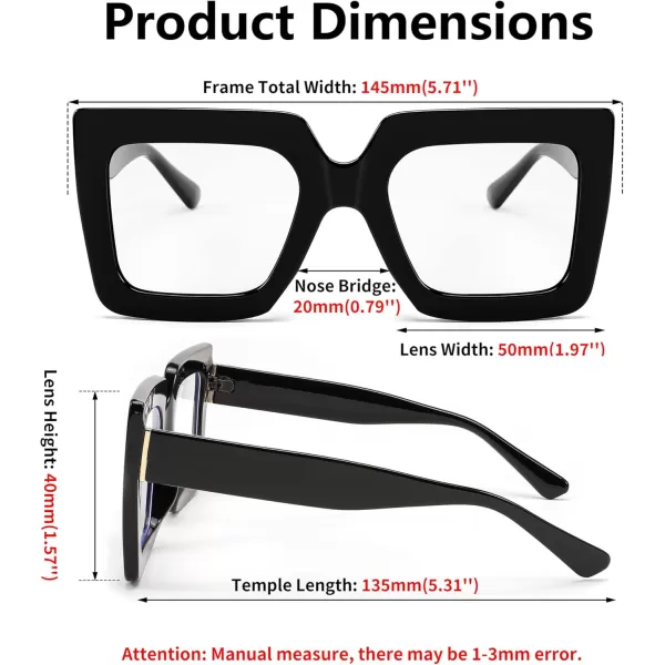 FEISEDY Fashion Oversized Blue Light Glasses for Women Anti Fatigue Thick Square Computer Eyewear B2381Black