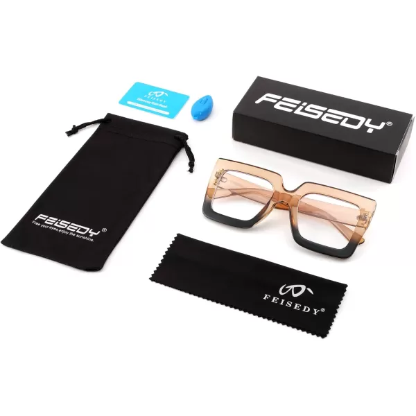 FEISEDY Fashion Oversized Blue Light Glasses for Women Anti Fatigue Thick Square Computer Eyewear B2381Brown