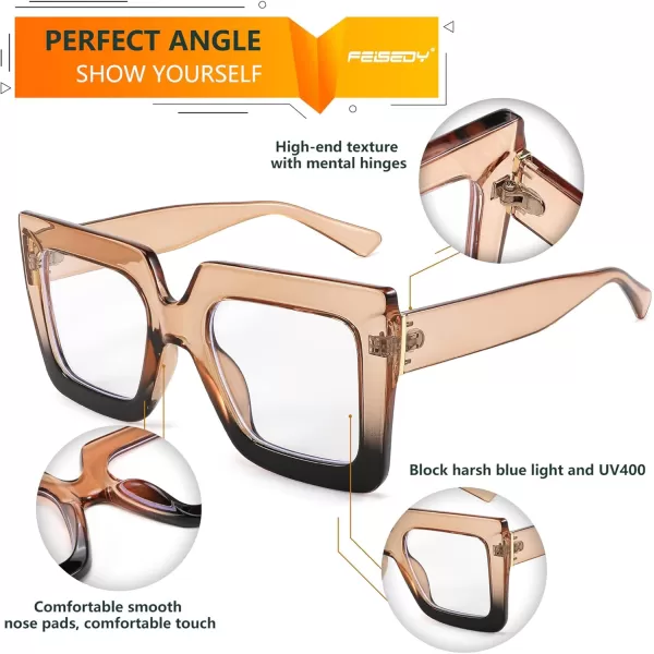 FEISEDY Fashion Oversized Blue Light Glasses for Women Anti Fatigue Thick Square Computer Eyewear B2381Brown
