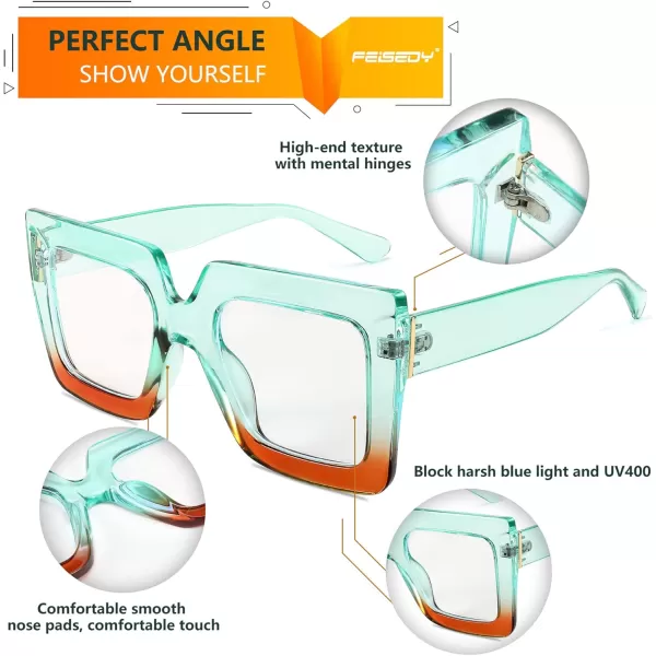 FEISEDY Fashion Oversized Blue Light Glasses for Women Anti Fatigue Thick Square Computer Eyewear B2381Green