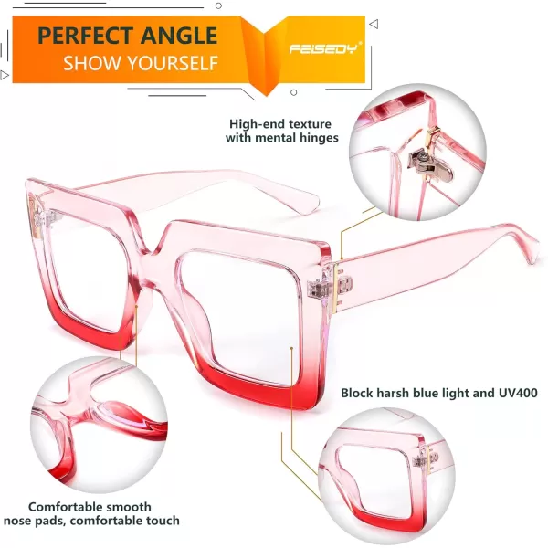 FEISEDY Fashion Oversized Blue Light Glasses for Women Anti Fatigue Thick Square Computer Eyewear B2381Pink
