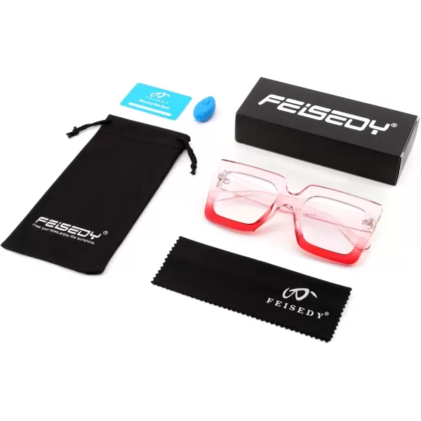 FEISEDY Fashion Oversized Blue Light Glasses for Women Anti Fatigue Thick Square Computer Eyewear B2381Pink