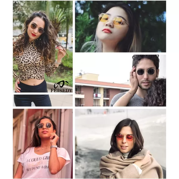FEISEDY Hipster Small Polygon Women Men Sunglasses Delicate Metal Frame B2254Golden Frame Grey Lens