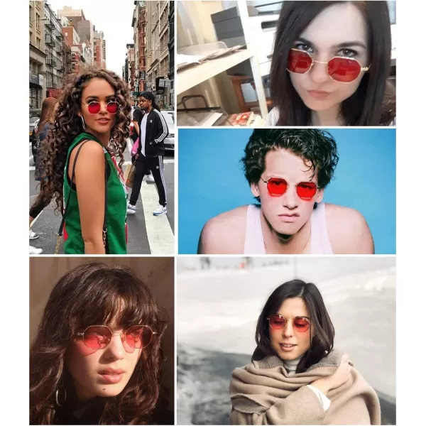 FEISEDY Hipster Small Polygon Women Men Sunglasses Delicate Metal Frame B2254Golden Frame Red Lens