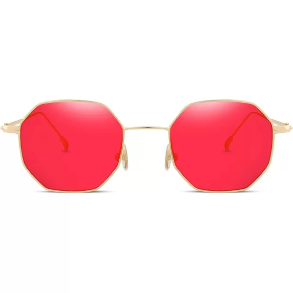 FEISEDY Hipster Small Polygon Women Men Sunglasses Delicate Metal Frame B2254Golden Frame Red Lens