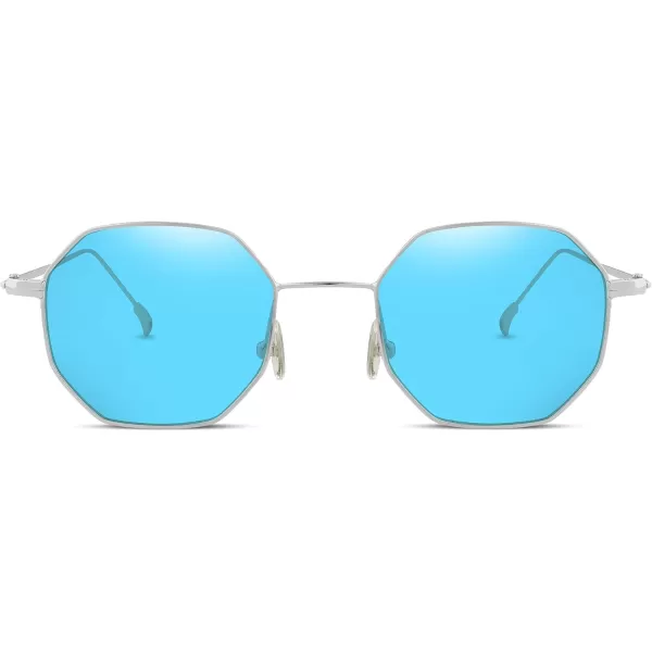 FEISEDY Hipster Small Polygon Women Men Sunglasses Delicate Metal Frame B2254Silver Frame Blue Lens