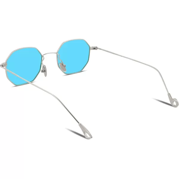 FEISEDY Hipster Small Polygon Women Men Sunglasses Delicate Metal Frame B2254Silver Frame Blue Lens
