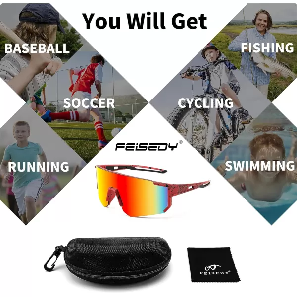 FEISEDY Kids Sunglasses Youth Baseball Sun Glasses UV400 Sports Teens Cycling Shades for Boys Girls Age 816 B0048red