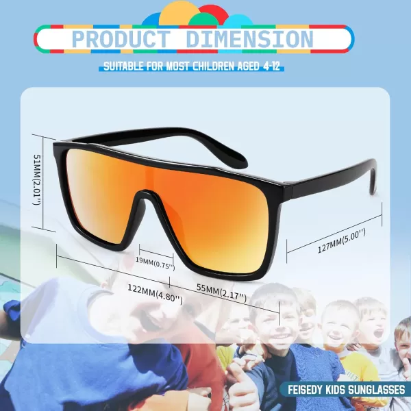 FEISEDY Kids Sunglasses for Girls Fashion Cute Boys Teenagers Glasses One Piece UV400 B2812Black Frame  Red Mirror Lens