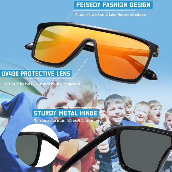 FEISEDY Kids Sunglasses for Girls Fashion Cute Boys Teenagers Glasses One Piece UV400 B2812Black Frame  Red Mirror Lens