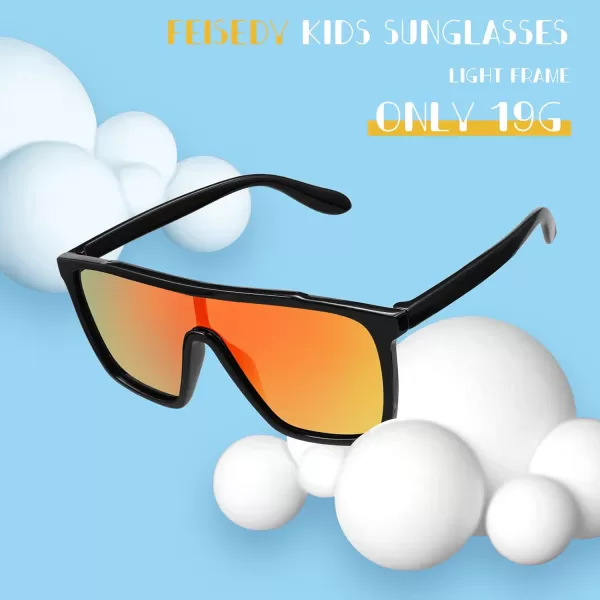 FEISEDY Kids Sunglasses for Girls Fashion Cute Boys Teenagers Glasses One Piece UV400 B2812Black Frame  Red Mirror Lens