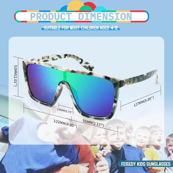 FEISEDY Kids Sunglasses for Girls Fashion Cute Boys Teenagers Glasses One Piece UV400 B2812Camouflage Frame  Green Mirror Lens
