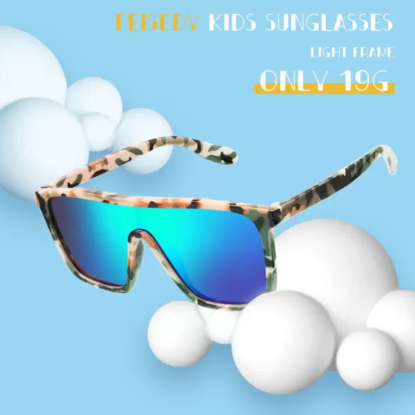 FEISEDY Kids Sunglasses for Girls Fashion Cute Boys Teenagers Glasses One Piece UV400 B2812Camouflage Frame  Green Mirror Lens