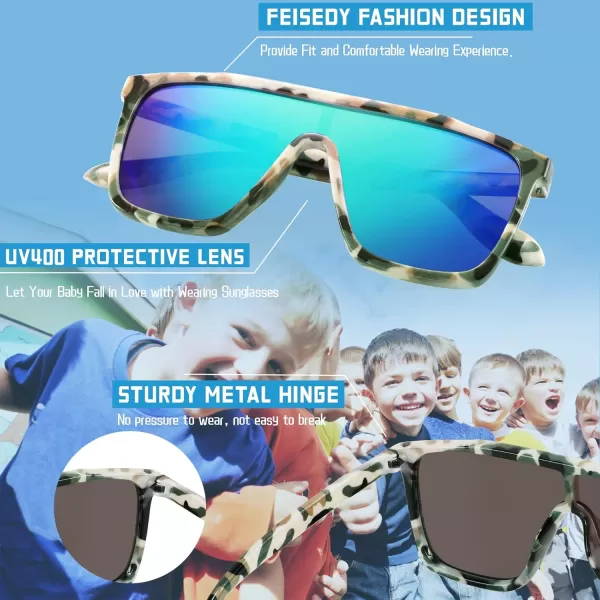 FEISEDY Kids Sunglasses for Girls Fashion Cute Boys Teenagers Glasses One Piece UV400 B2812Camouflage Frame  Green Mirror Lens