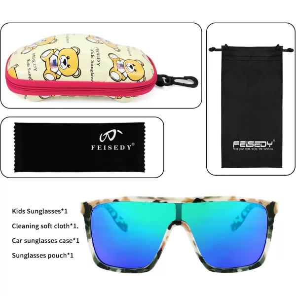 FEISEDY Kids Sunglasses for Girls Fashion Cute Boys Teenagers Glasses One Piece UV400 B2812Camouflage Frame  Green Mirror Lens