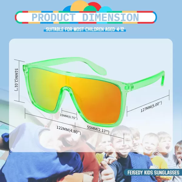 FEISEDY Kids Sunglasses for Girls Fashion Cute Boys Teenagers Glasses One Piece UV400 B2812Transparent Green Frame  Red Mirror Lens