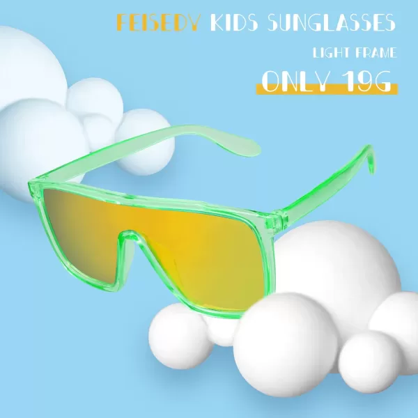 FEISEDY Kids Sunglasses for Girls Fashion Cute Boys Teenagers Glasses One Piece UV400 B2812Transparent Green Frame  Red Mirror Lens