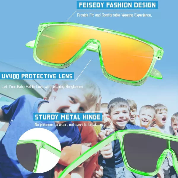 FEISEDY Kids Sunglasses for Girls Fashion Cute Boys Teenagers Glasses One Piece UV400 B2812Transparent Green Frame  Red Mirror Lens