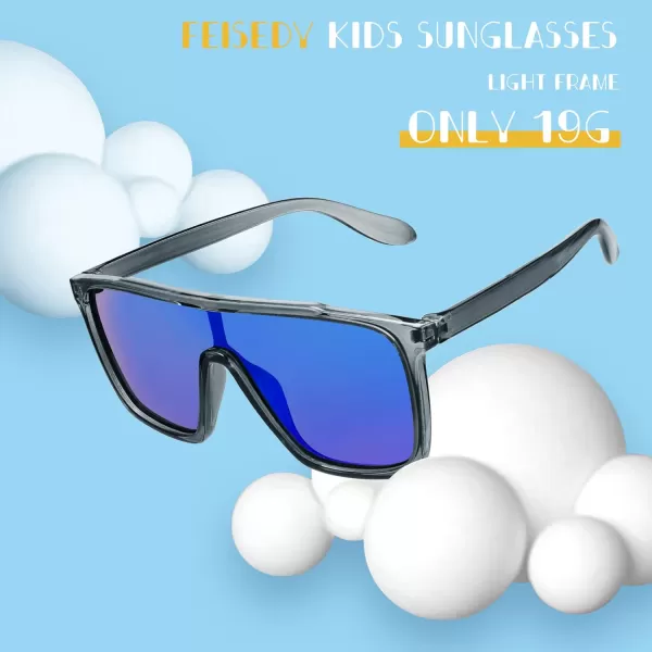 FEISEDY Kids Sunglasses for Girls Fashion Cute Boys Teenagers Glasses One Piece UV400 B2812Transparent Grey Frame  Blue Mirror Lens