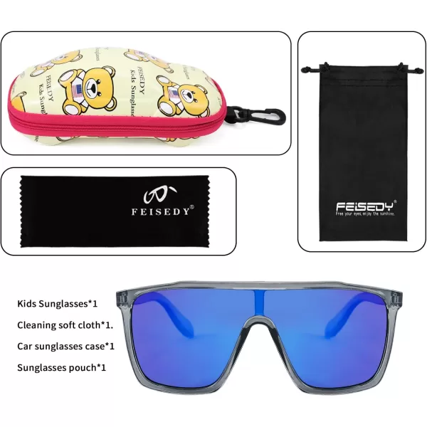 FEISEDY Kids Sunglasses for Girls Fashion Cute Boys Teenagers Glasses One Piece UV400 B2812Transparent Grey Frame  Blue Mirror Lens