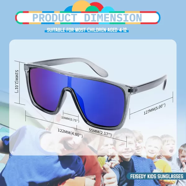 FEISEDY Kids Sunglasses for Girls Fashion Cute Boys Teenagers Glasses One Piece UV400 B2812Transparent Grey Frame  Blue Mirror Lens