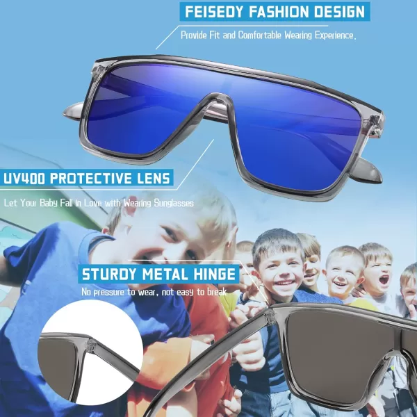 FEISEDY Kids Sunglasses for Girls Fashion Cute Boys Teenagers Glasses One Piece UV400 B2812Transparent Grey Frame  Blue Mirror Lens