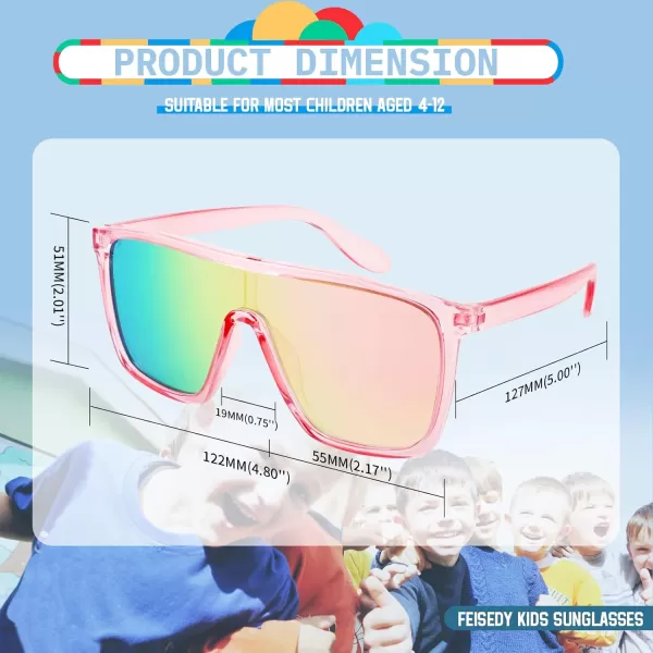 FEISEDY Kids Sunglasses for Girls Fashion Cute Boys Teenagers Glasses One Piece UV400 B2812Transparent Pink Frame  Pink Mirror Lens