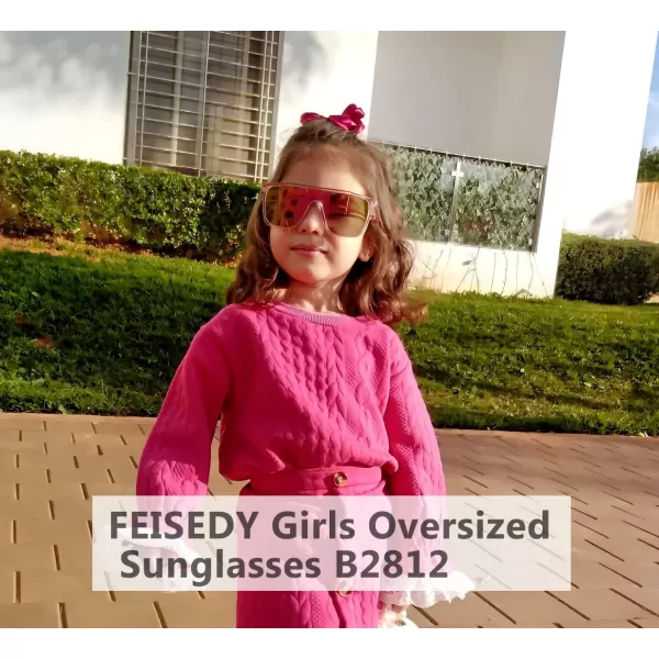 FEISEDY Kids Sunglasses for Girls Fashion Cute Boys Teenagers Glasses One Piece UV400 B2812Transparent Pink Frame  Pink Mirror Lens