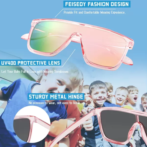 FEISEDY Kids Sunglasses for Girls Fashion Cute Boys Teenagers Glasses One Piece UV400 B2812Transparent Pink Frame  Pink Mirror Lens