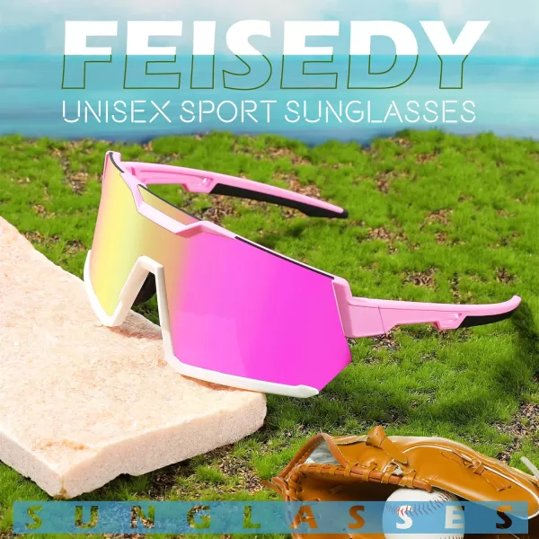 FEISEDY Men Women Cycling Sunglasses with 3 Interchangeable Lenses TR90 Sports Glasses Baseball for Youth Teens B4138Pink White FramePink Mirror