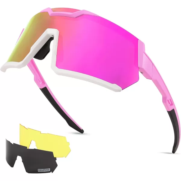 FEISEDY Men Women Cycling Sunglasses with 3 Interchangeable Lenses TR90 Sports Glasses Baseball for Youth Teens B4138Pink White FramePink Mirror