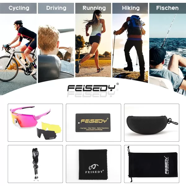 FEISEDY Men Women Cycling Sunglasses with 3 Interchangeable Lenses TR90 Sports Glasses Baseball for Youth Teens B4138Pink White FramePink Mirror