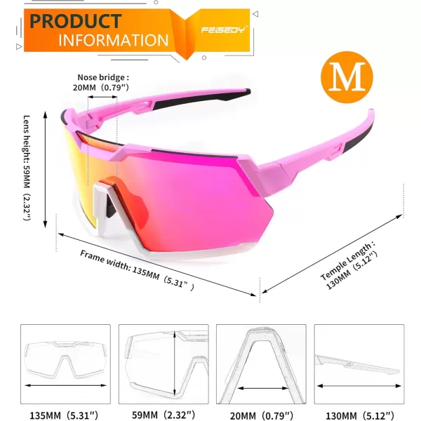 FEISEDY Men Women Cycling Sunglasses with 3 Interchangeable Lenses TR90 Sports Glasses Baseball for Youth Teens B4138Pink White FramePink Mirror