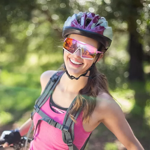FEISEDY Men Women Cycling Sunglasses with 3 Interchangeable Lenses TR90 Sports Glasses Baseball for Youth Teens B4138Pink White FramePink Mirror