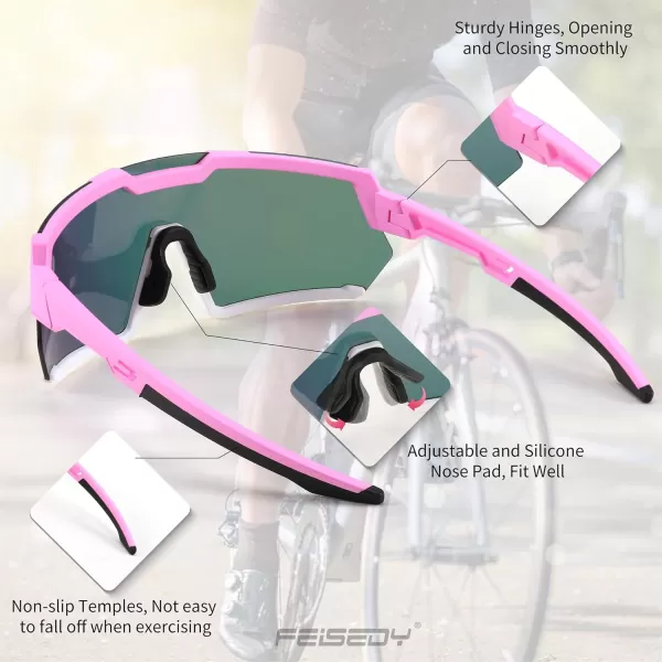 FEISEDY Men Women Cycling Sunglasses with 3 Interchangeable Lenses TR90 Sports Glasses Baseball for Youth Teens B4138Pink White FramePink Mirror