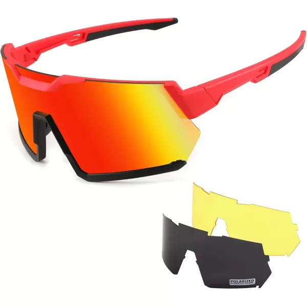 FEISEDY Men Women Cycling Sunglasses with 3 Interchangeable Lenses TR90 Sports Glasses Baseball for Youth Teens B4138Red Black FrameRed Mirror