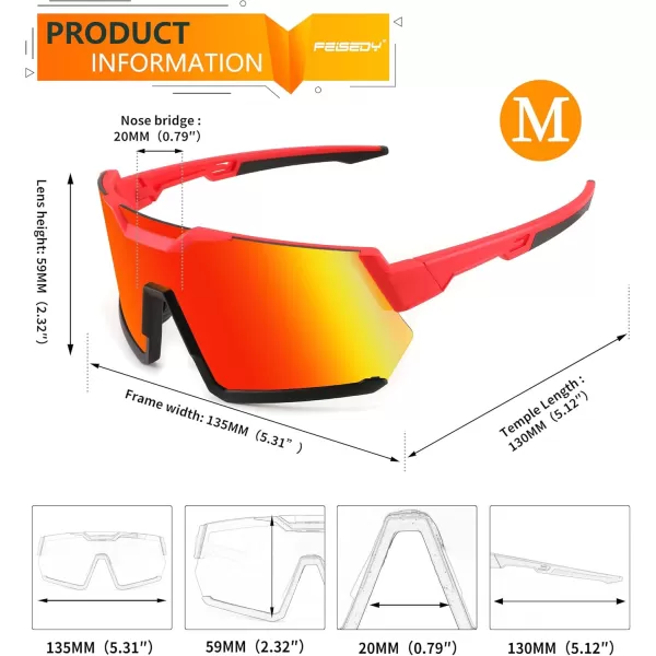 FEISEDY Men Women Cycling Sunglasses with 3 Interchangeable Lenses TR90 Sports Glasses Baseball for Youth Teens B4138Red Black FrameRed Mirror