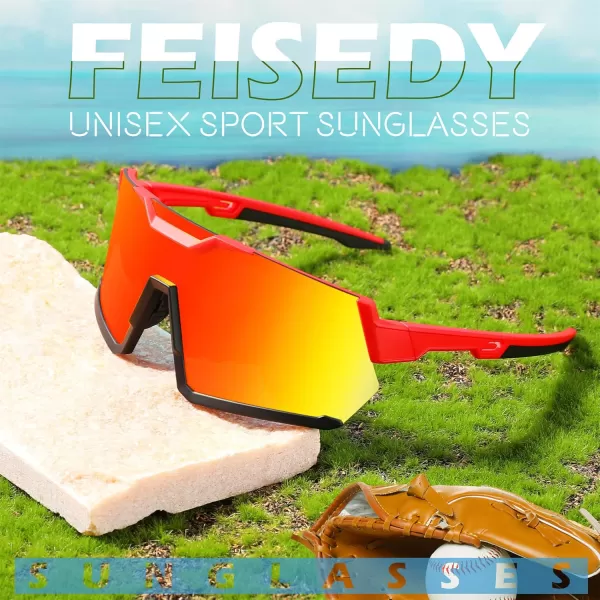 FEISEDY Men Women Cycling Sunglasses with 3 Interchangeable Lenses TR90 Sports Glasses Baseball for Youth Teens B4138Red Black FrameRed Mirror