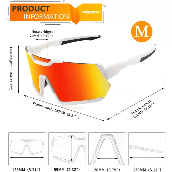 FEISEDY Men Women Cycling Sunglasses with 3 Interchangeable Lenses TR90 Sports Glasses Baseball for Youth Teens B4138White FrameRed Mirror