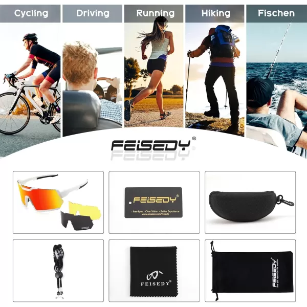 FEISEDY Men Women Cycling Sunglasses with 3 Interchangeable Lenses TR90 Sports Glasses Baseball for Youth Teens B4138White FrameRed Mirror