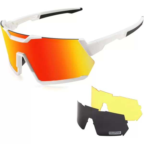 FEISEDY Men Women Cycling Sunglasses with 3 Interchangeable Lenses TR90 Sports Glasses Baseball for Youth Teens B4138White FrameRed Mirror