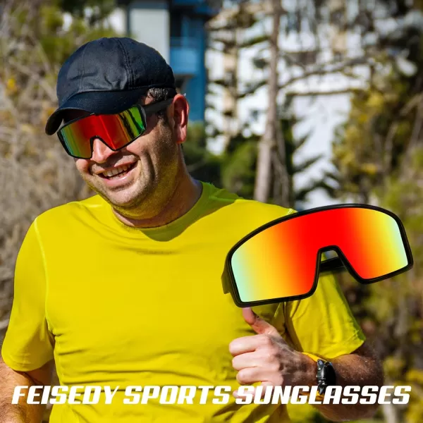 FEISEDY Men Women Sports Sunglasses Baseball Sun Glasses Cycling Fishing Running Trekking 80s 90s Youth Visor UV400 B296203 Black Frame With Red Mirror Lenses