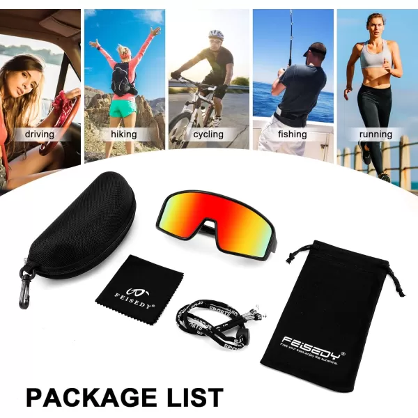 FEISEDY Men Women Sports Sunglasses Baseball Sun Glasses Cycling Fishing Running Trekking 80s 90s Youth Visor UV400 B296203 Black Frame With Red Mirror Lenses