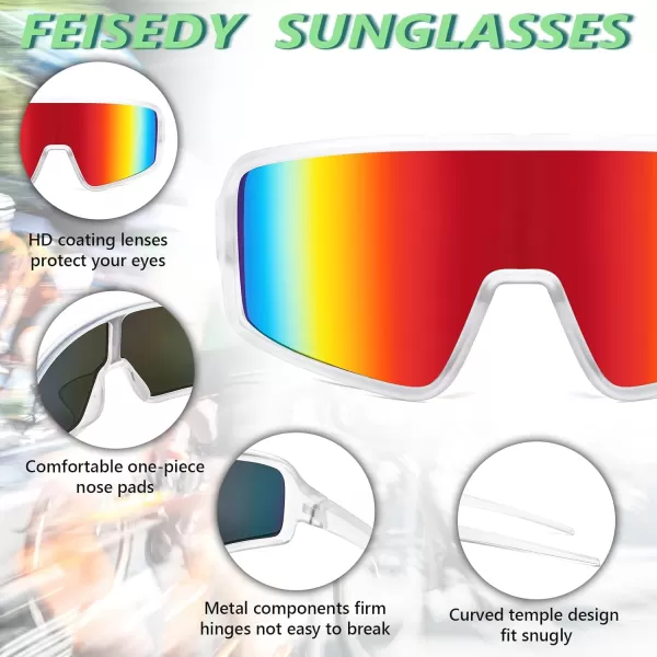 FEISEDY Men Women Sports Sunglasses Baseball Sun Glasses Cycling Fishing Running Trekking 80s 90s Youth Visor UV400 B296205 Clear Frame With Red Mirror Lens