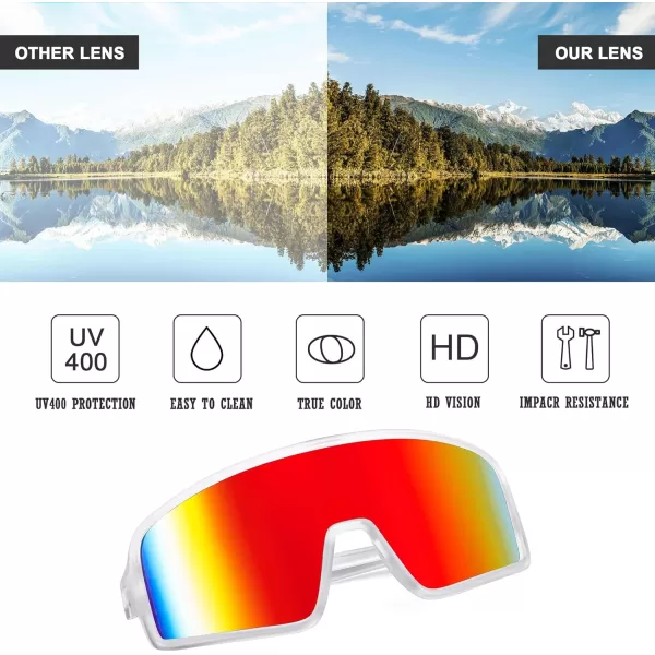 FEISEDY Men Women Sports Sunglasses Baseball Sun Glasses Cycling Fishing Running Trekking 80s 90s Youth Visor UV400 B296205 Clear Frame With Red Mirror Lens