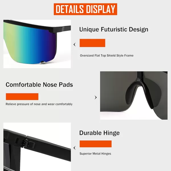 FEISEDY Men Women Sunglasses Sports Cycling Oversized 80s 90s Shades B4089Black Blue Mirror