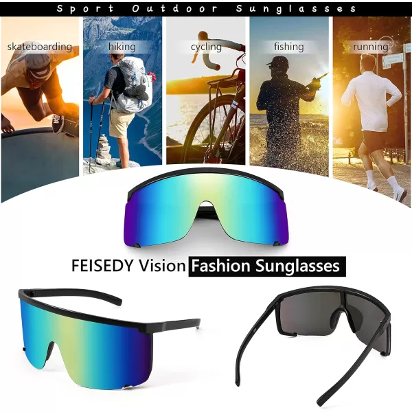 FEISEDY Men Women Sunglasses Sports Cycling Oversized 80s 90s Shades B4089Black Blue Mirror