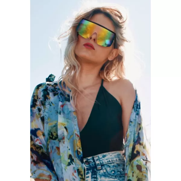 FEISEDY Men Women Sunglasses Sports Cycling Oversized 80s 90s Shades B4089Black Blue Mirror