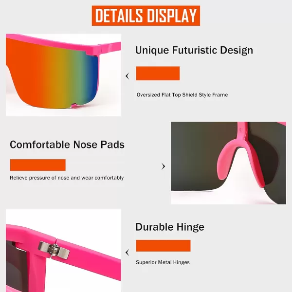 FEISEDY Men Women Sunglasses Sports Cycling Oversized 80s 90s Shades B4089Pink Rainbow Mirror